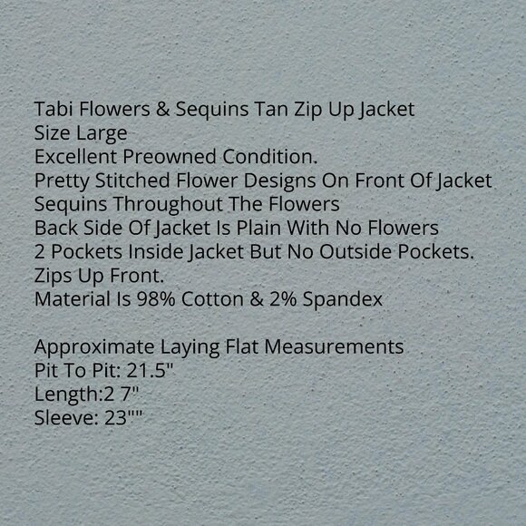 Tabi Size LG Flowers & Sequins Tan Zip Up Jacket - Picture 6 of 6